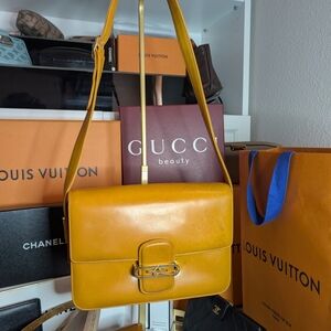 Vintage Gucci Mustard Yellow Leather Shoulder Bag With Gold Accents